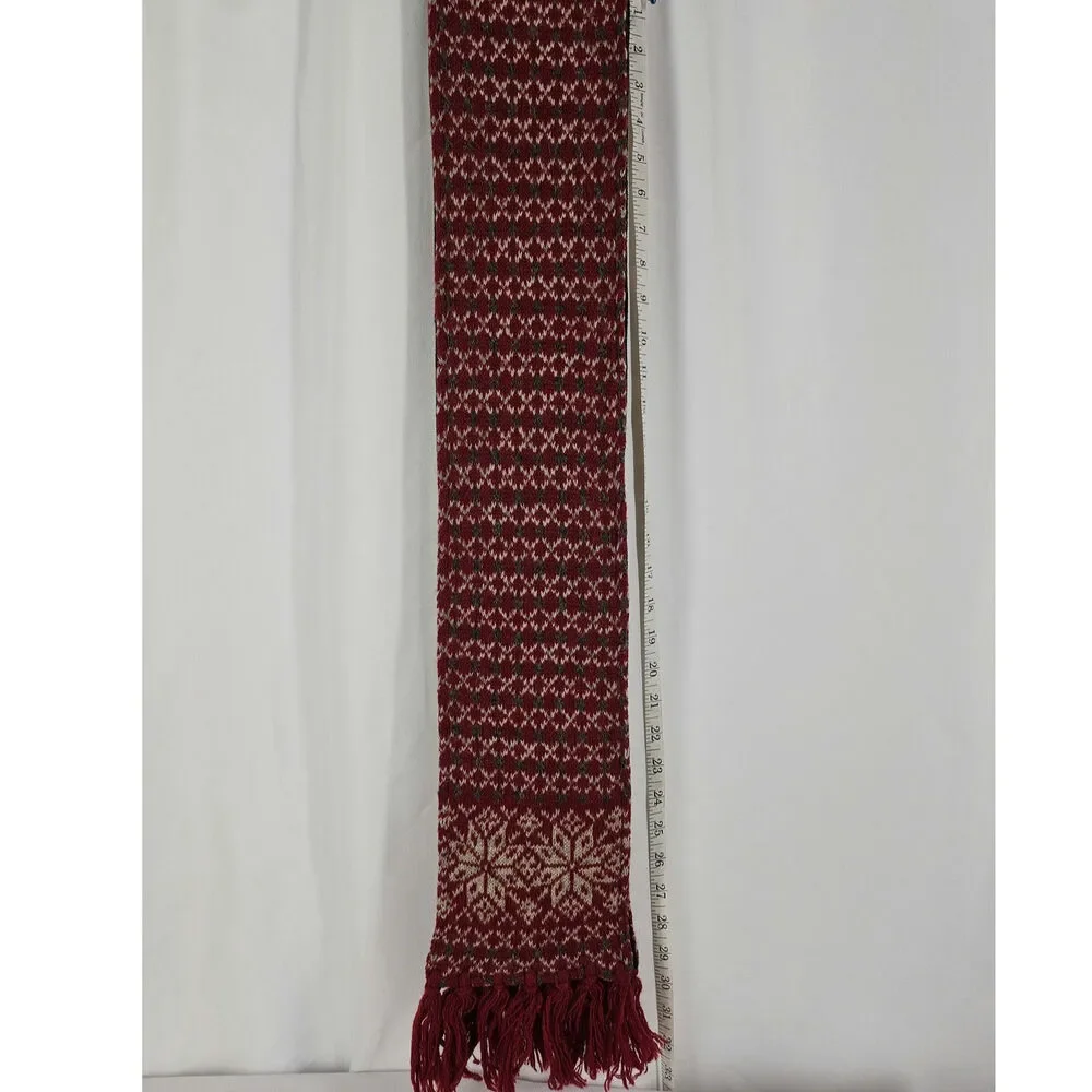 WOOLRICH KNITTED COLLAR SCARF – RED & WHITE SNOWFLAKE PATTERN TASSEL TRIM LINED